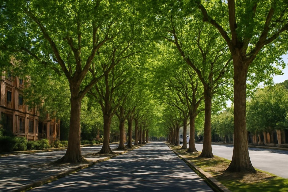 Row of mature street trees along a city avenue